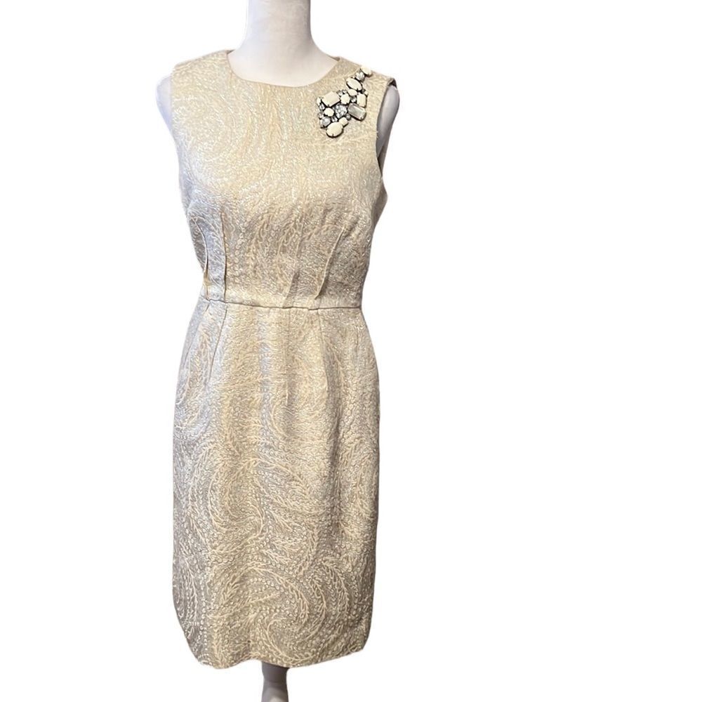 Taylor vintage cream & silver wiggle dress w/ gorgeous faux stones on front EVC